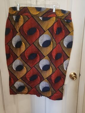 Vibrant Geometric Print Pencil Skirt - Red, Yellow & Navy